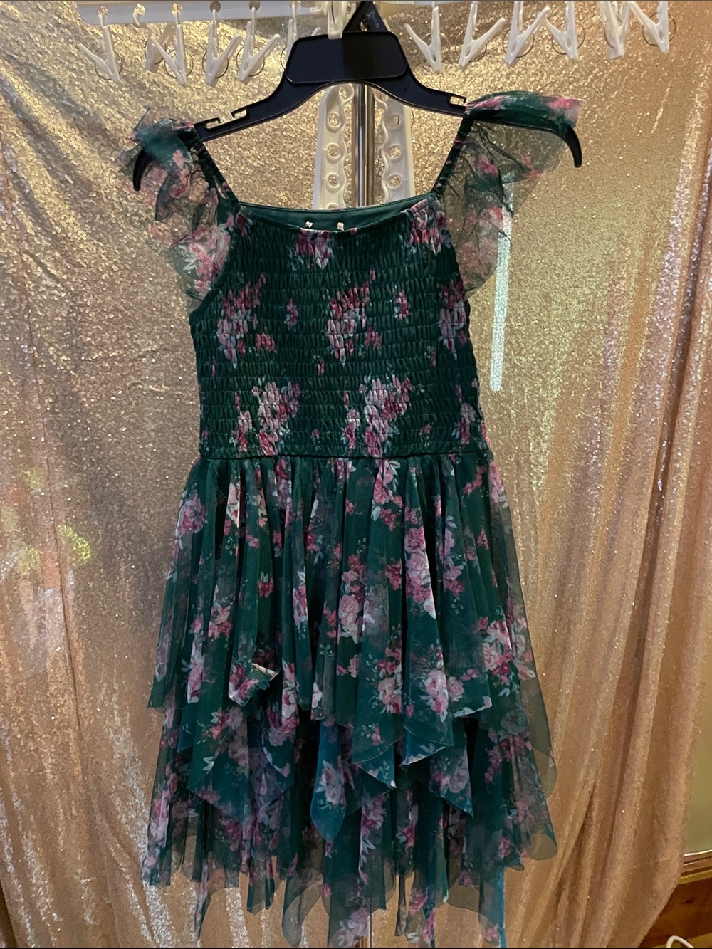 Girls Floral Green Tiered Party Dress
